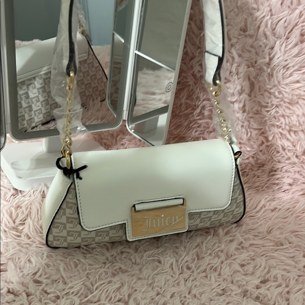 Juicy Couture White and Tan Shoulder Bag with Gold Hardware
